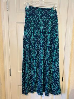 Joe B Navy and Teal Damask Print Flowy Maxi Skirt with Ruched Waistband